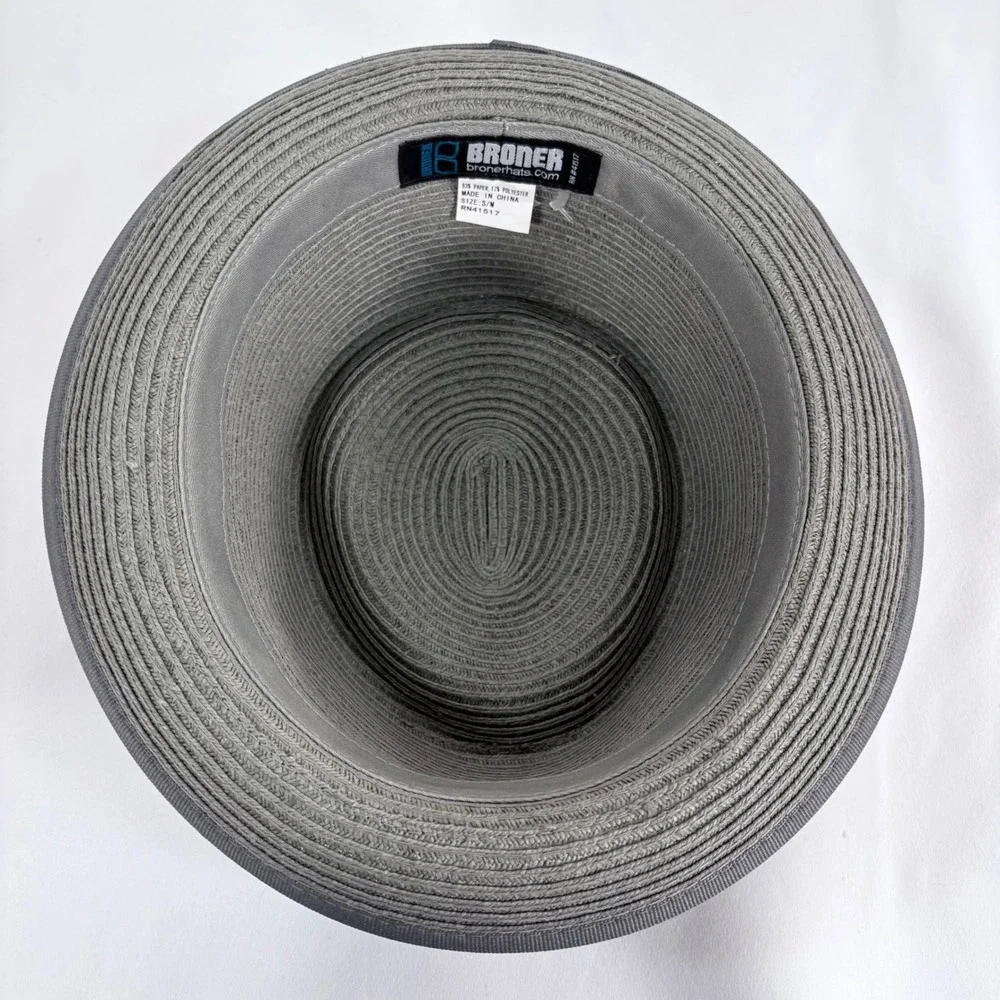 Broner Pork Pie Hat Grey Straw Stingy Brim Black Ribbon Band RN41517 Mens S/M